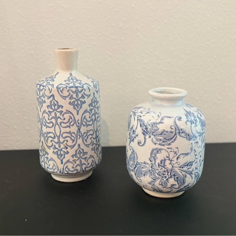 Set of Two Blue and White Decorative Vases